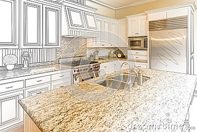 Custom Kitchen Design Drawing and Gradated Photo Combination Stock Photo