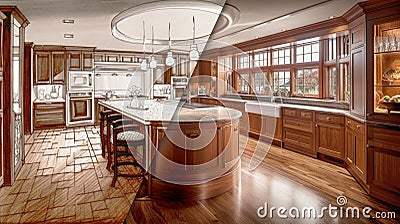 Custom Kitchen Upgrade Interior Concept Drawing Before And After Completed Construction - Generative AI Stock Photo