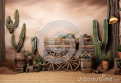 Custom Mexican Smash Cake Decor with Wood, Succulent Plants, Cactus, and Cowboy Hats smash cake backdrop Stock Photo