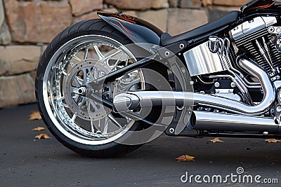 custom motorcycle with an oversized rear wheel and swingarm Stock Photo