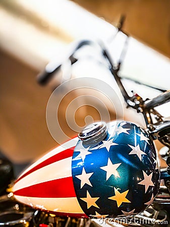 Custom painted chopper wearing the American flag Stock Photo