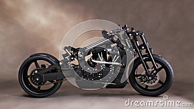 Custom unique black motorcycle with studio backdrop background. Stock Photo