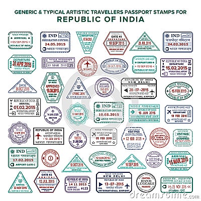 Custom vector typical artistic passport arrival and departure stamps variations set for India Vector Illustration