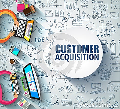 Customer Acquisition concept with Doodle design style:people int Vector Illustration