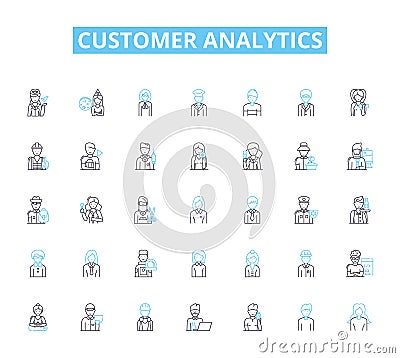 Customer analytics linear icons set. Segmentation, Insights, Retention, Acquisition, Sentiment, Loyalty, Behavior line Vector Illustration