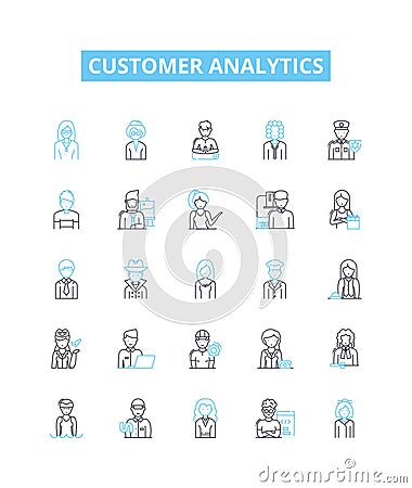 Customer analytics vector line icons set. Customer, Analytics, Segmentation, Profiling, Analysis, Trends, Retention Cartoon Illustration