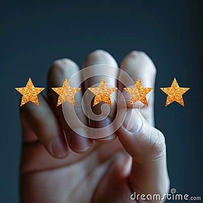 Customer approval Closeup of finger tapping five star excellent rating for satisfaction Stock Photo