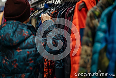 customer browses through a rack of thermal clothing Stock Photo