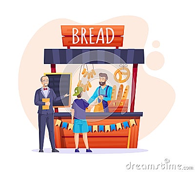 Customer buying freshly baked bread at bakery shop Vector Illustration