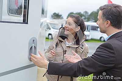 Customer buying motorhome Stock Photo