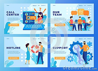 Customer call service support team website design, vector illustration. Hotline call center, technical support operator. Vector Illustration