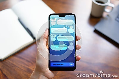 Customer and chatbot dialog on smartphone screen. AI. Artificial intelligence and service automation technology concept. Stock Photo