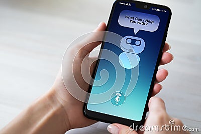 Customer and chatbot dialog on smartphone screen. AI. Artificial intelligence and service automation technology concept. Stock Photo