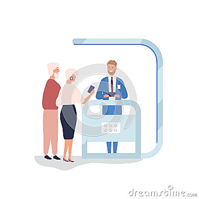 Customer choosing gadgets at promotional stall flat vector illustration. Salesman, promoter advertising electronics Vector Illustration