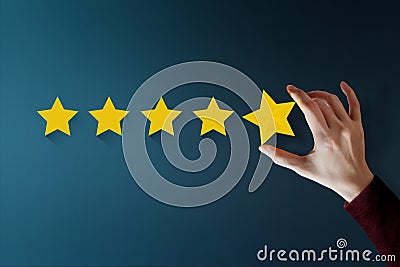 Customer Experience Concept, Best Excellent Services for Satisfaction present by Hand of Client giving a Five Star Rating Stock Photo