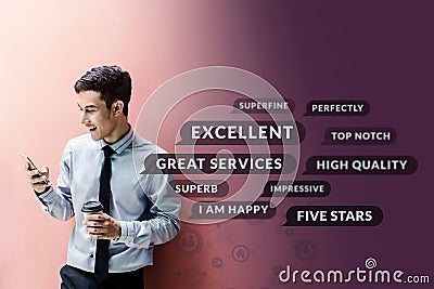 Customer Experience Concept. Happy Businessman using Smart Phone Stock Photo