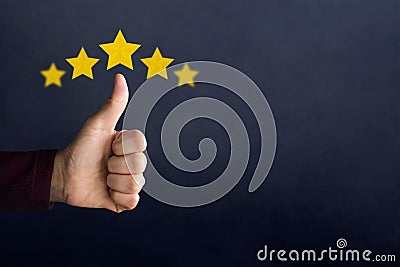 Customer Experience Concept. Happy Client show Thumb Up in meaning Stock Photo