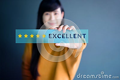 Customer Experience Concept, Happy Woman Show Excellent Rating w Stock Photo