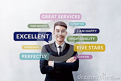 Customer Experience Concept. Happy Young Client standing at the Stock Photo