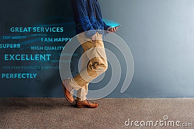 Customer Experience Concept. Person Walking and Reading Positive Stock Photo