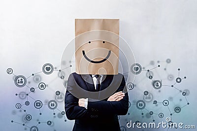 Customer Experience Concept, Portrait of Happy Businessman Client with Smiley Face Emotion on Paper Bag, Crossed arms and wearing Stock Photo
