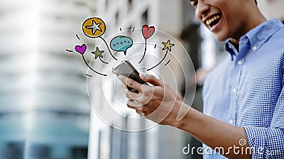 Customer Experience Concept. Smiling Young Asian Businessman Using Mobile Phone to Read or Submit Positive Online Review Stock Photo