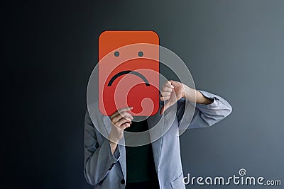 Customer Experience or Human Emotional Concept. Woman Covered her Face by Paper and present Bad Feeling by Drawn Line Cartoon and Stock Photo