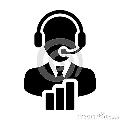 Customer experience icon vector male data support service person profile avatar with headphone and bar graph for online assistant Vector Illustration