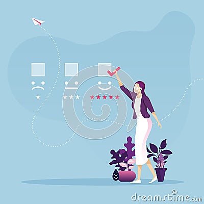 Customer Experience and Online Review Concept-Businesswoman choose smiley icon Vector Illustration