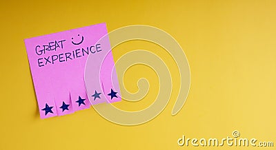 Customer Experiences Concept. Happy Client Rate Five Star and Smiling Face on Satisfaction Surveys Note. Positive Feedback Stock Photo