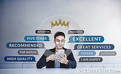 Customer Experiences Concept. a Young Happy Man Reading Positive Review Rating via Smartphone. Client`s Satisfaction Surveys Stock Photo