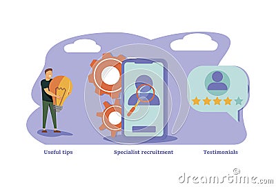 Customer feedback, online service rating web icons set. Helpful information and support. Specialist recruitment, useful tips, Cartoon Illustration