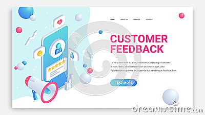 Customer feedback trendy landing. Review isometric 3d web page concept. User icon and product positive comment on smartphone Vector Illustration