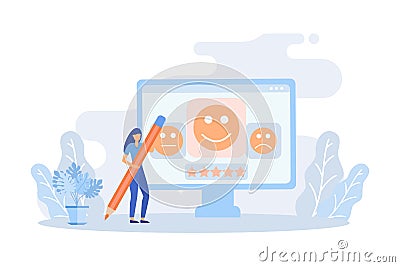 Customer feedback and user experience illustration. Characters giving review to customer service operator, choosing emoji to show Vector Illustration