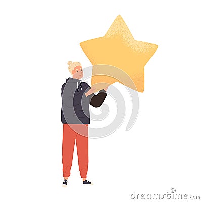 Customer giving positive feedback and review of services. Client rating app or website with golden star. Online Vector Illustration