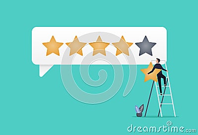 Customer giving 5 stars rating review, reputation and customer feedback, a man climb up ladder to put on best rating Vector Illustration