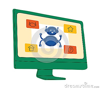 Customer having dialog with chat bot on smartphone. Character chatting with robot, asking questions. Vector Illustration