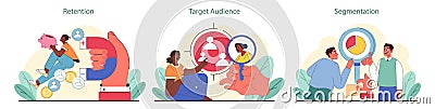 Customer lifecycle set. Visual guide to client retention, identifying target audience, and market segmentation. Vector Illustration