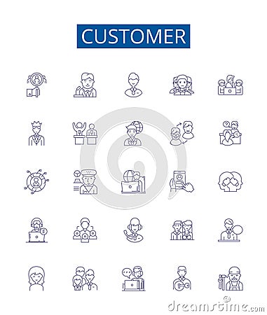 Customer line icons signs set. Design collection of Client, Patron, Purchaser, Consumer, Buyer, Subscriber, User, Guest Vector Illustration