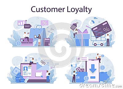 Customer loyalty concept set. Marketing program development Vector Illustration