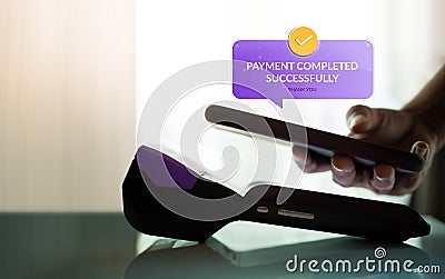 Customer making Payment via Mobile Phone. Wireless, Contactless and Touchless Technology in Business Concepts Stock Photo