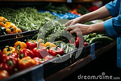 Customer at the market selects a variety of fresh vegetables, shopping locally Stock Photo