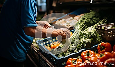 Customer at the market selects a variety of fresh vegetables, shopping locally Stock Photo