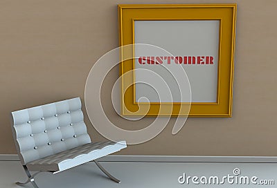 CUSTOMER, message on picture frame, chair in an empty room Editorial Stock Photo