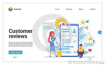Customer people review vector illustration, cartoon flat client character leaving rating stars, online custom feedback Vector Illustration