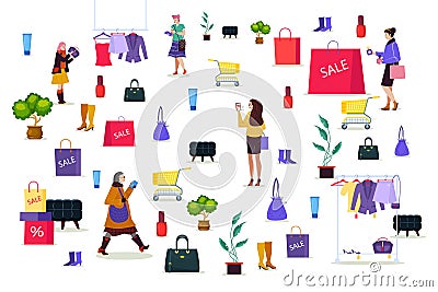 Customer people with smartphone in store, vector illustration. Flat woman character shopping, business shop elements Vector Illustration