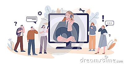 Customer people support concept. Phone consultant, global helpline or virtual assistant. Woman in headphones on computer Vector Illustration