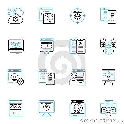 Customer profiling linear icons set. Demographics, Segmentation, Behavior, Interest, Needs, Insight, Persona line vector Vector Illustration