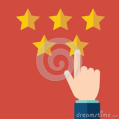 Customer rating, feedback, star rating, quality work. Businessman pointing at a gold star, to give five. Evaluation system Cartoon Illustration