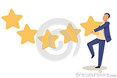 Customer rating. People with stars. Clients satisfaction. Consumer survey. Standing man with grade icons. Service Vector Illustration